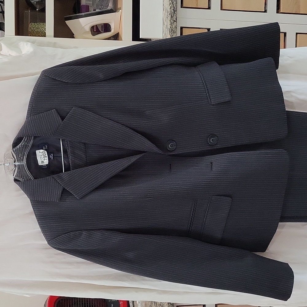 Gray pantsuit with pink pin stripes